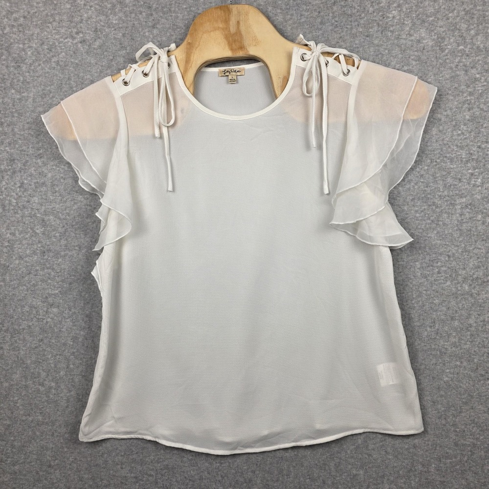 Lily White Shirt Womens Large White Ruffle Flutter Sleeve Lace Up Top Blouse